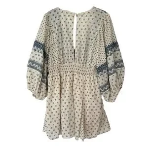 Free People Sweet Southwest Embroidered Blue Cream 3/4 Bishop Sleeves Dress